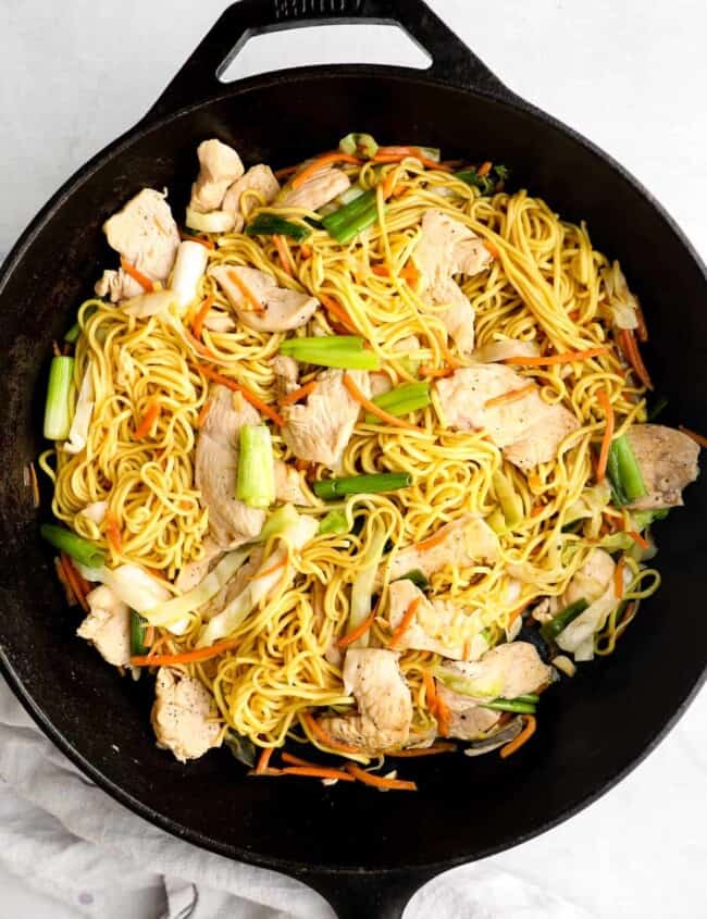 chicken chow mein in skillet