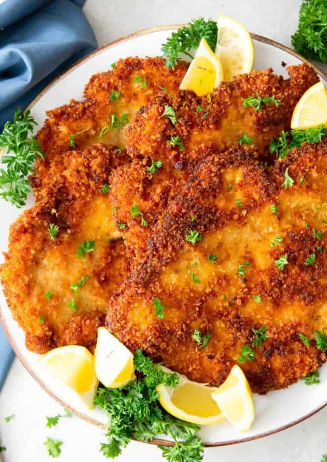 easy chicken schnitzel on white plate