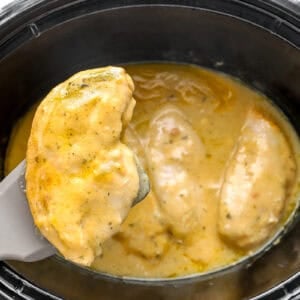 lifting a cooked crockpot ranch chicken breast from a slow cooker.