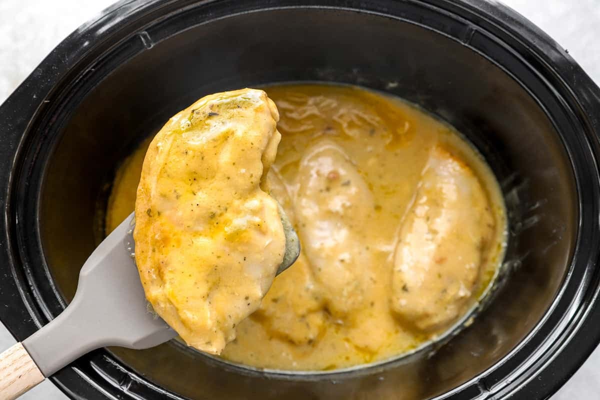 lifting a cooked crockpot ranch chicken breast from a slow cooker.