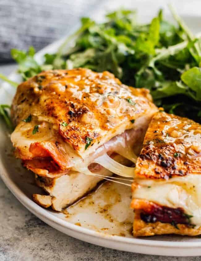inside of ham and cheese stuffed chicken
