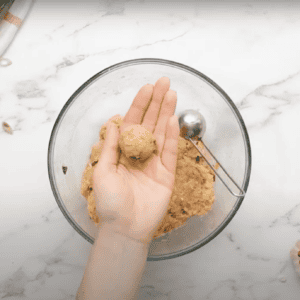 Hand holding a meatball above a bowl of ground chicken mixture.