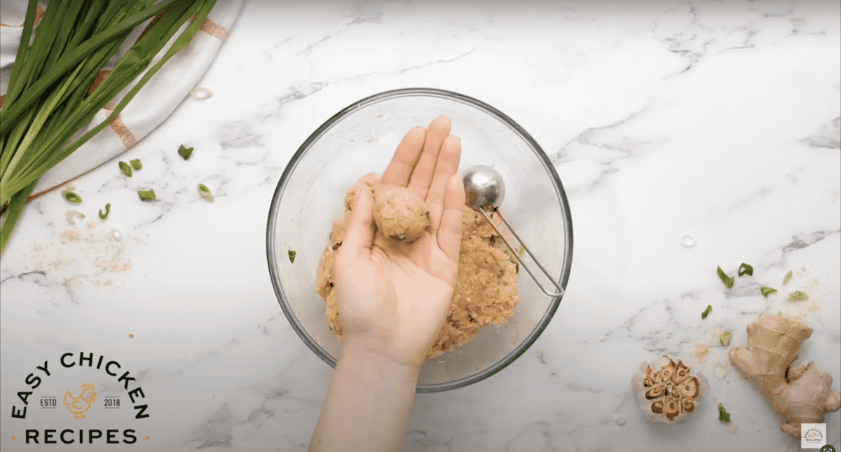 Hand holding a meatball above a bowl of ground chicken mixture.