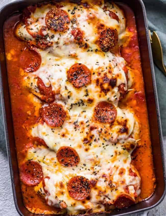 pizza chicken bake in casserole dish