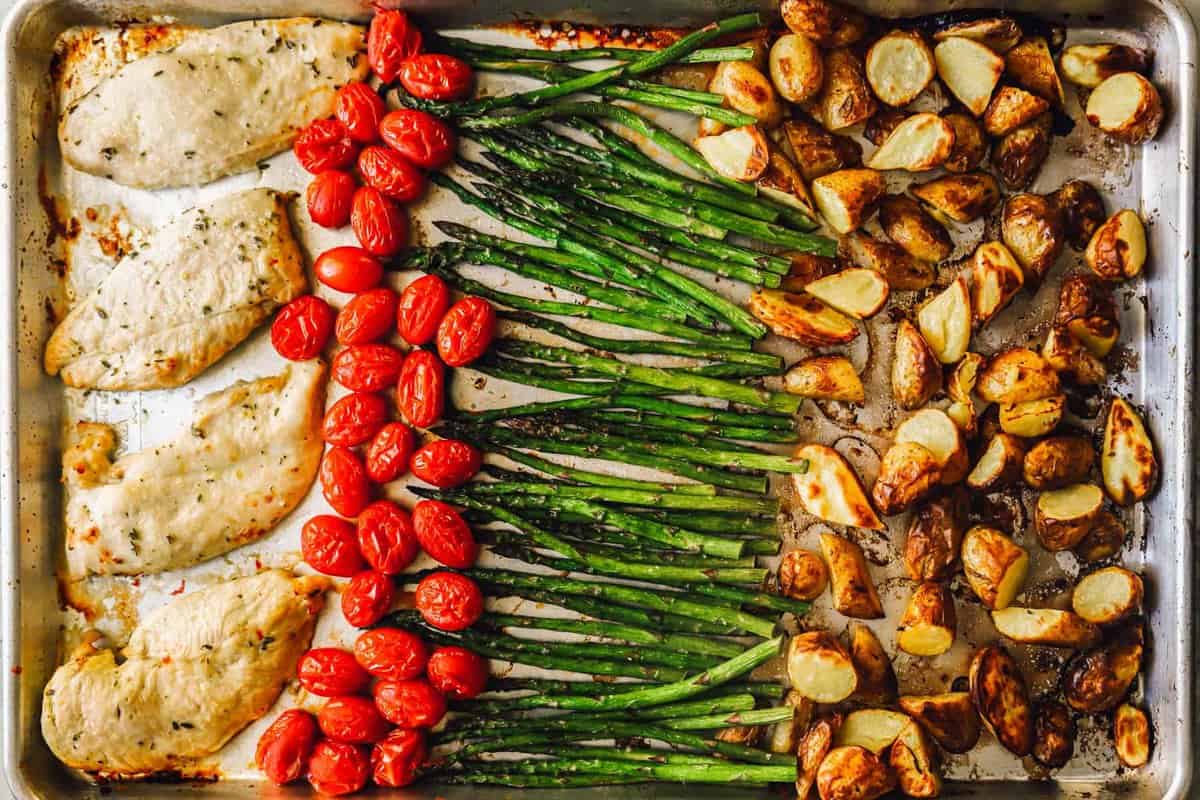 sheet pan chicken, veggies, and potatoes dinner