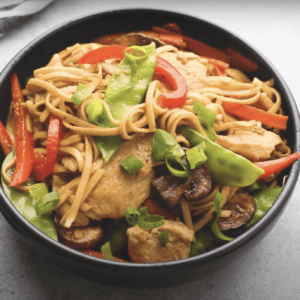 A bowl of chicken lo mein.