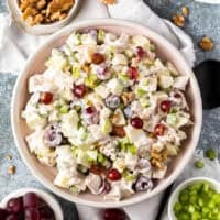 overhead view of waldorf chicken salad in a bowl.