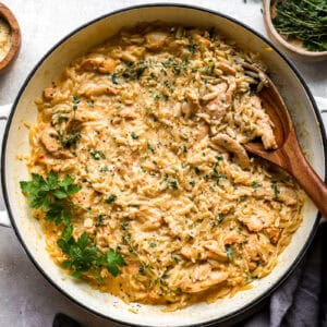 creamy chicken orzo in a pan topped with cheese.