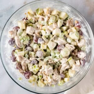 waldorf chicken salad in a glass bowl.