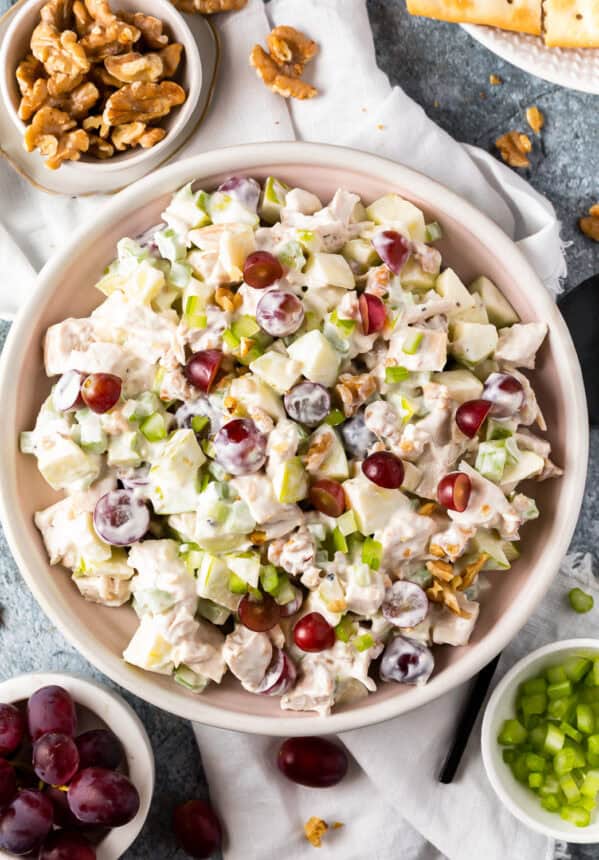 overhead view of waldorf chicken salad in a bowl.