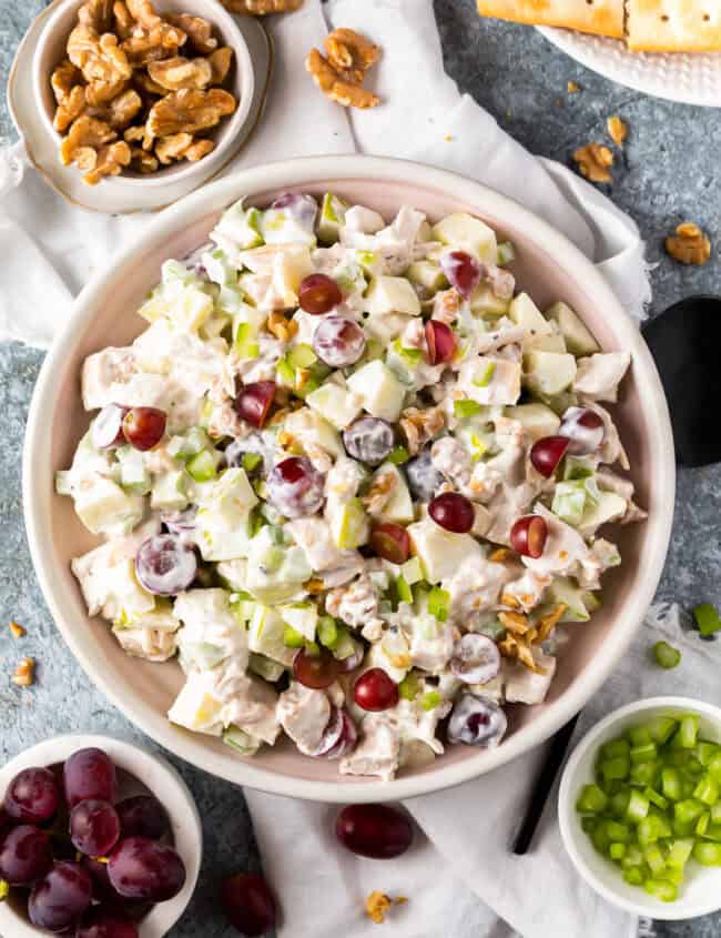 overhead view of waldorf chicken salad in a bowl.