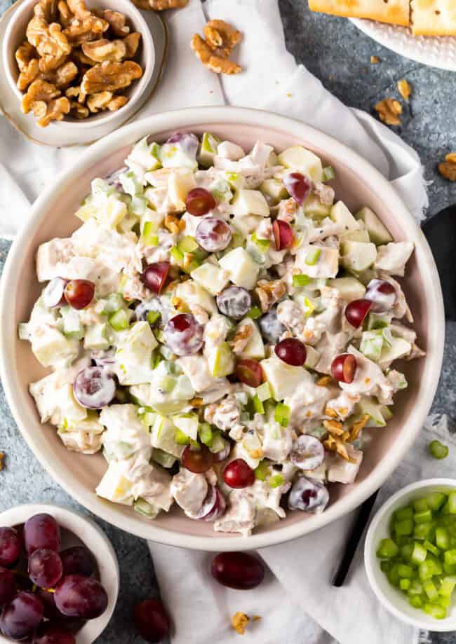 overhead view of waldorf chicken salad in a bowl.