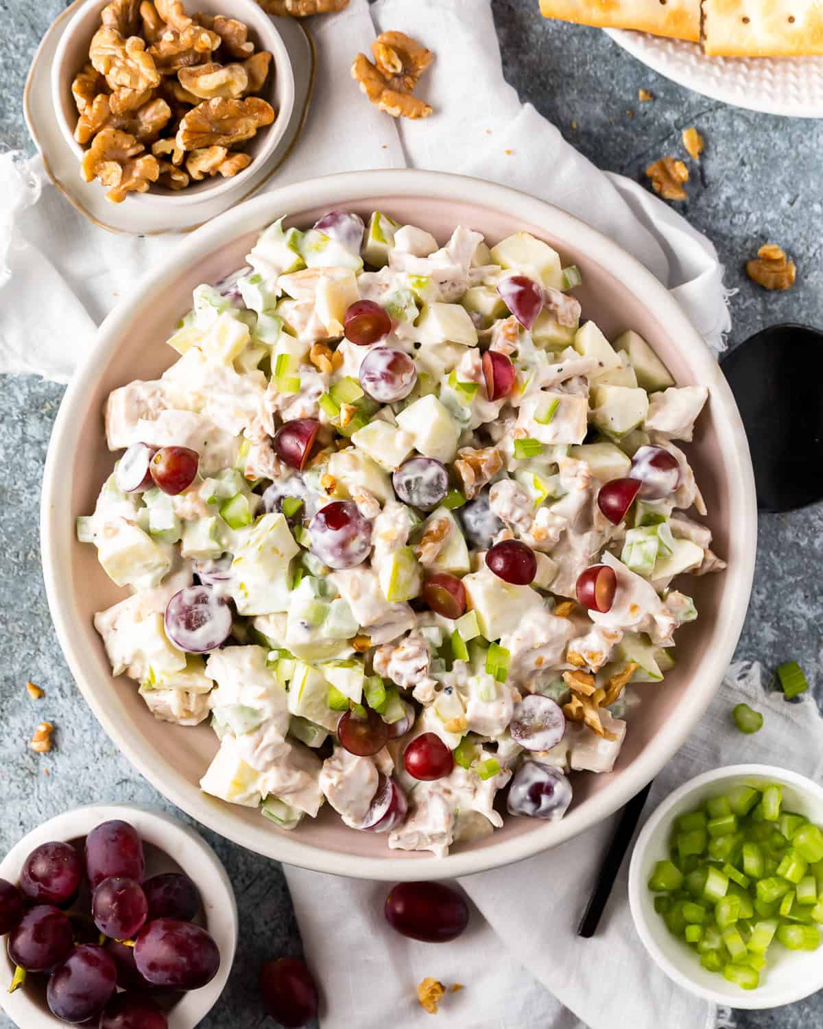 overhead view of waldorf chicken salad in a bowl.