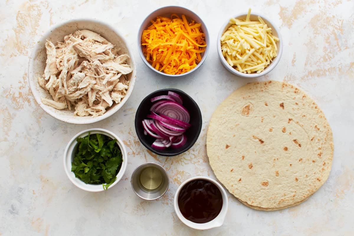 ingredients for bbq chicken quesadillas.