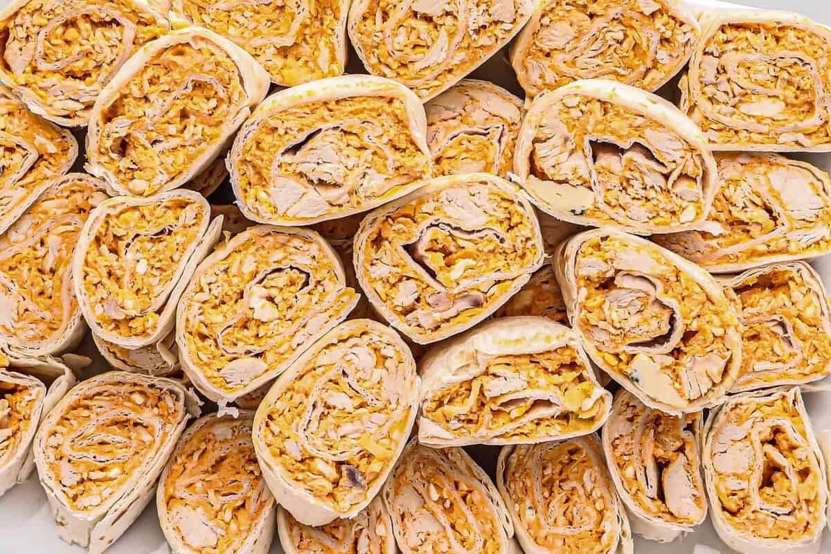 buffalo chicken pinwheels on platter