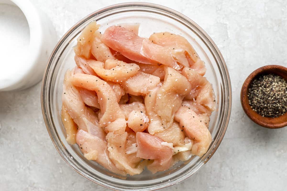 Strips of seasoned chicken breast in a bowl.