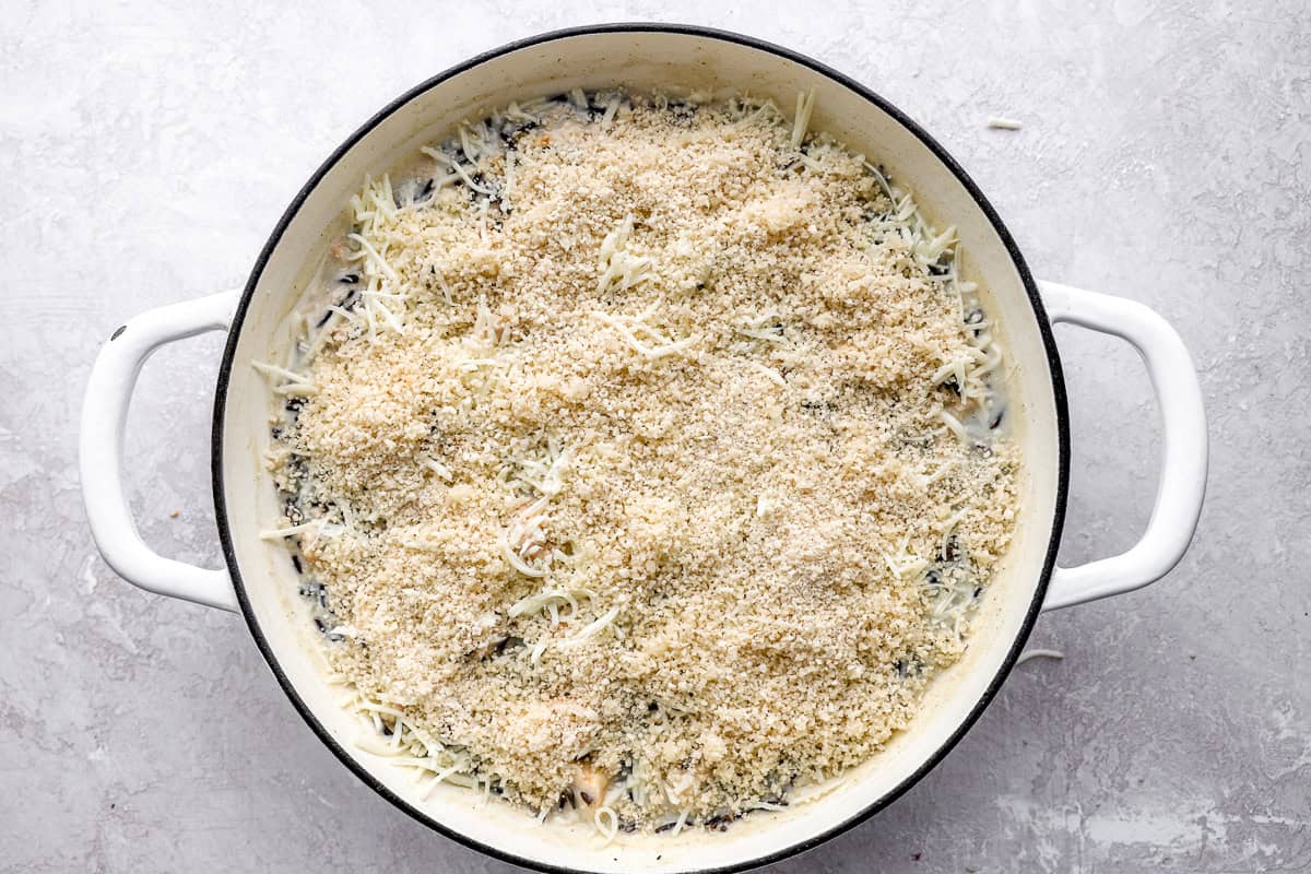 Casserole topped with breadcrumbs before baking.