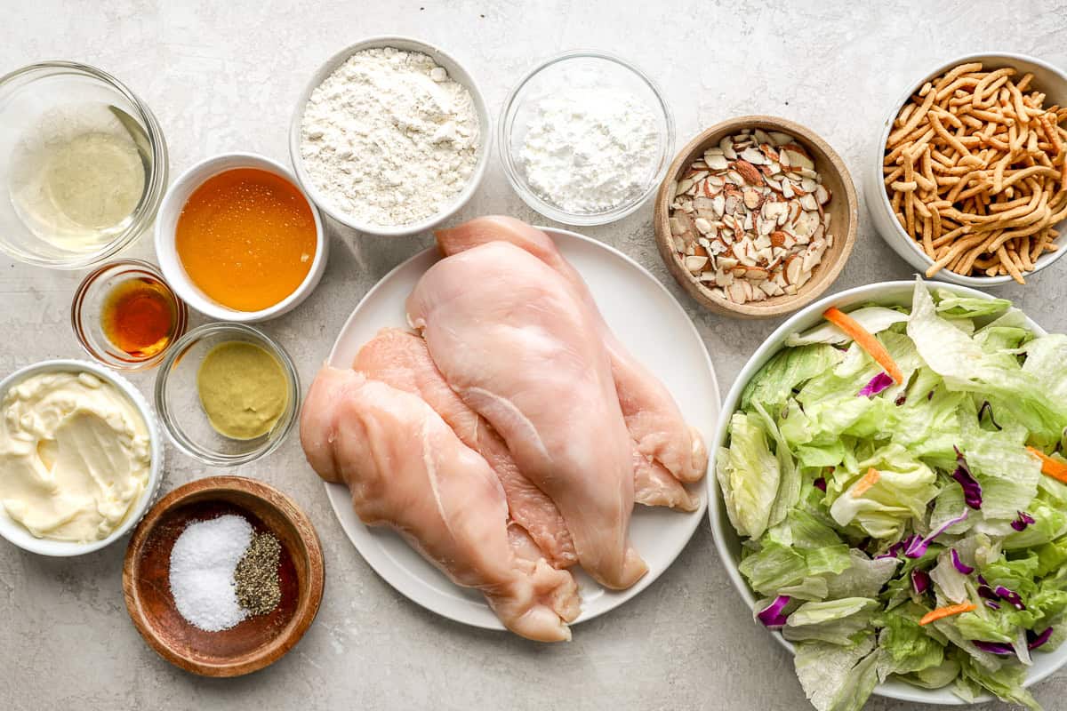 Ingredients for oriental chicken salad arranged in dishes.