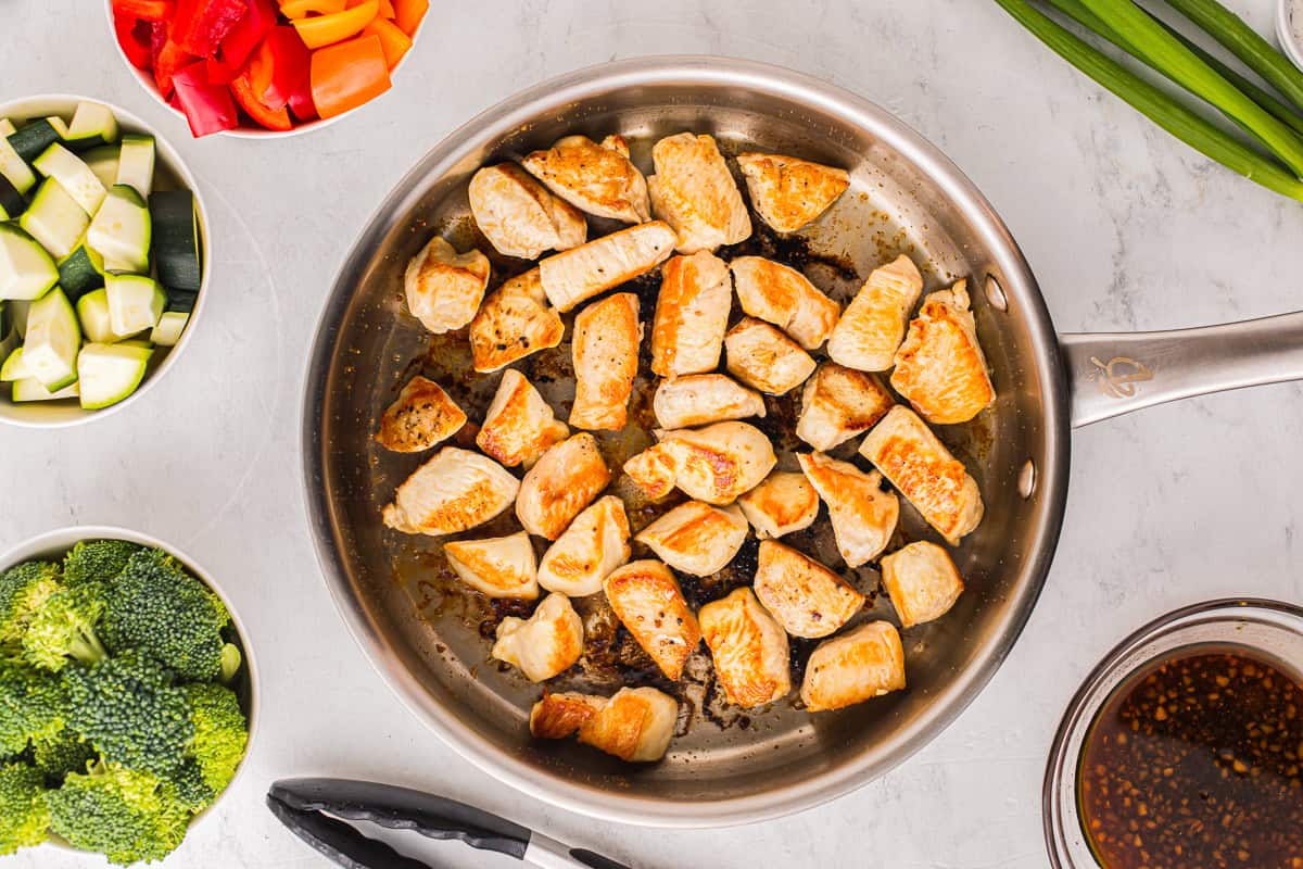 cooked chicken pieces in a pan.