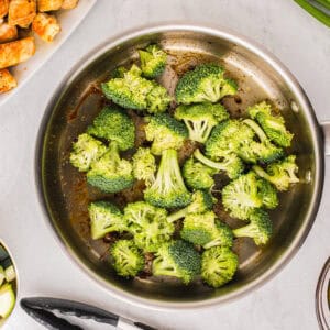 broccoli florets in a pan.