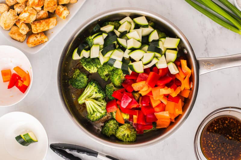 broccoli florets, zucchini, and peppers in a pan.