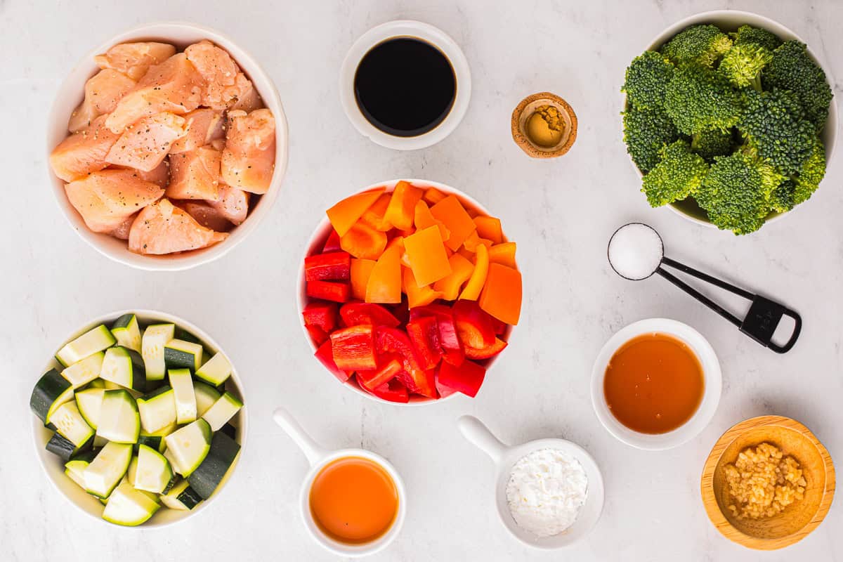 ingredients for honey soy chicken stir fry.