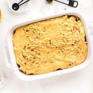 Chicken topped with queso in a baking dish.