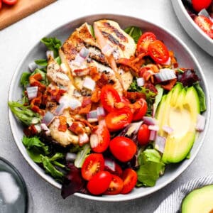 honey mustard chicken salad in a white bowl.