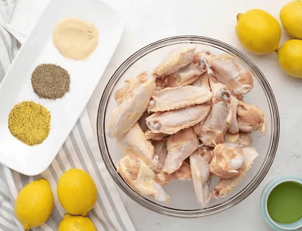 Ingredients for Air Fryer lemon pepper chicken wings.