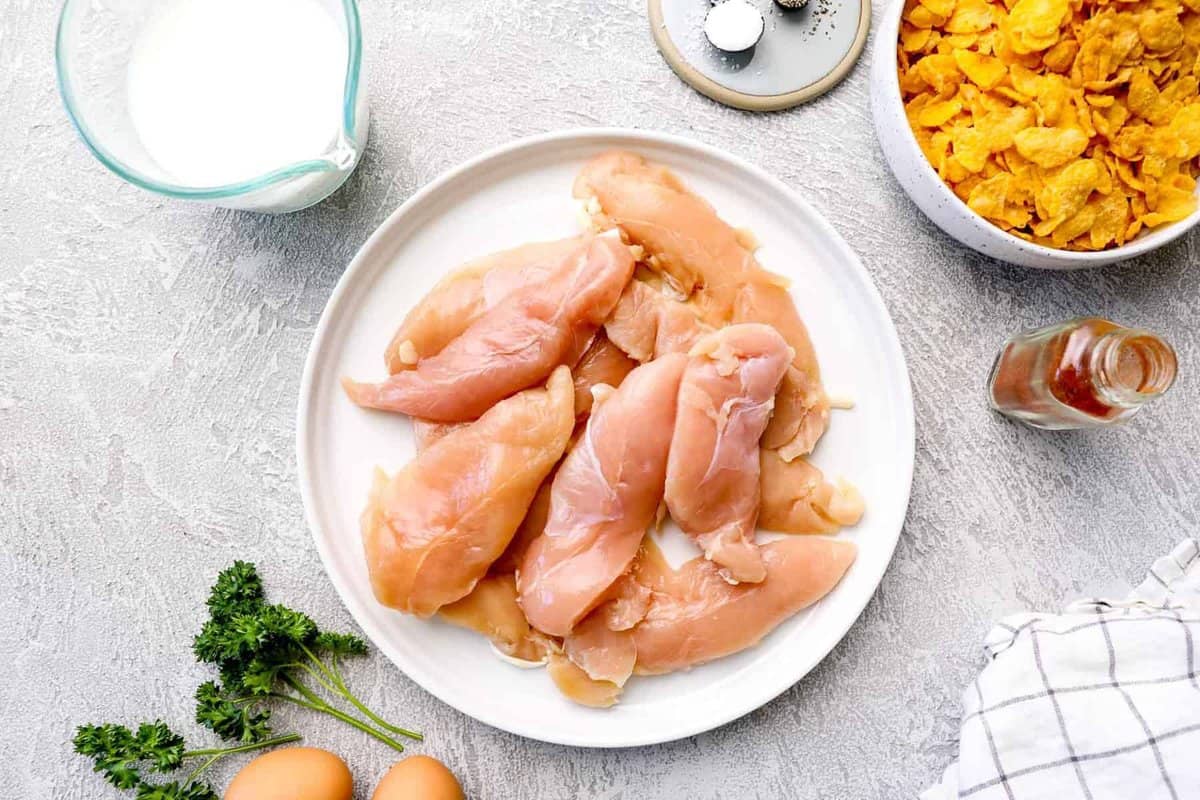 Ingredients for cornflake chicken tenders.