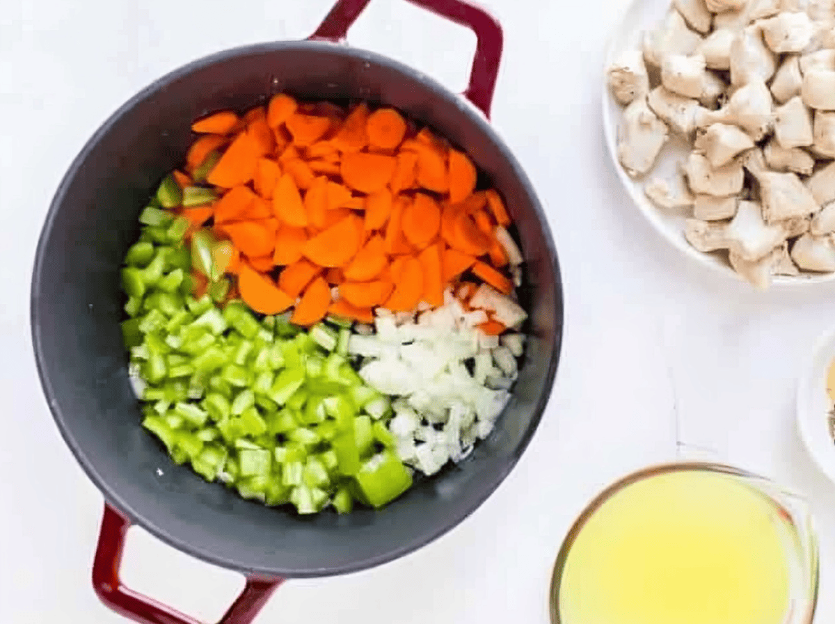 Chopped veggies in a pot.