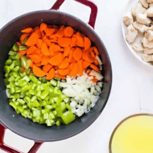 Chopped veggies in a pot.