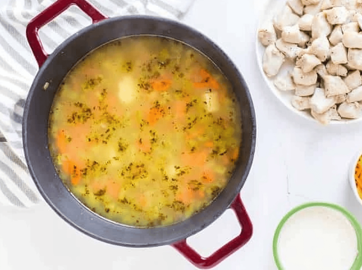 Soup in a pot.