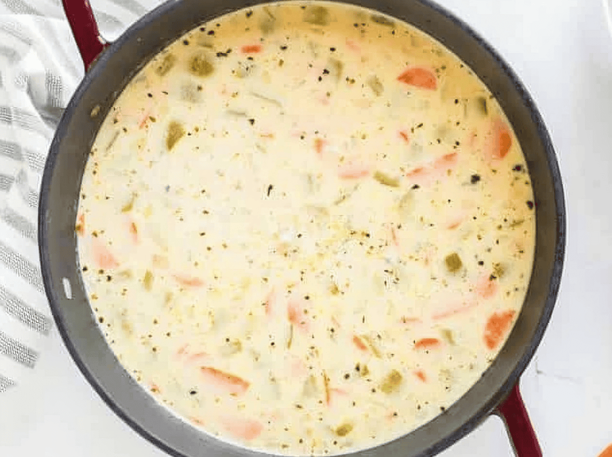 Creamy chicken chowder soup in a pot.