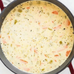 Creamy chicken chowder soup in a pot.