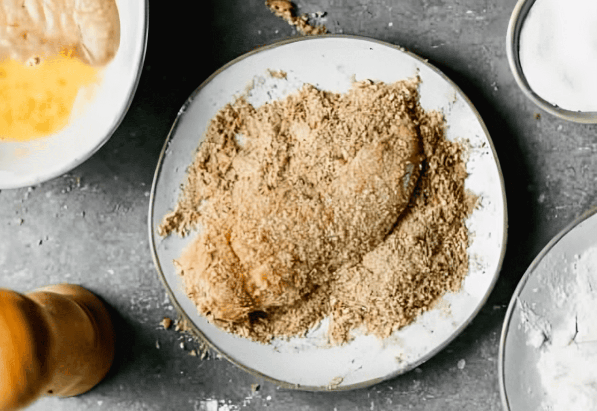 Breadcrumb-coated chicken.