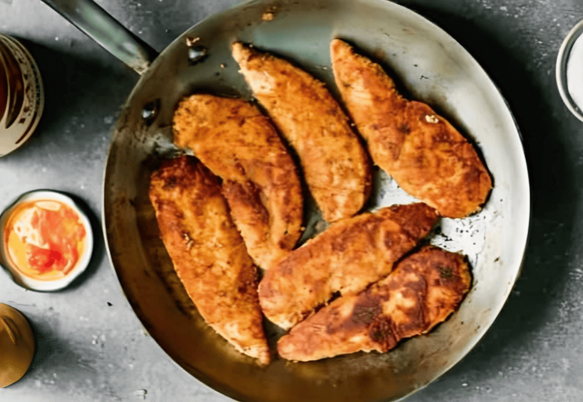 Pan-fried chicken tenders.