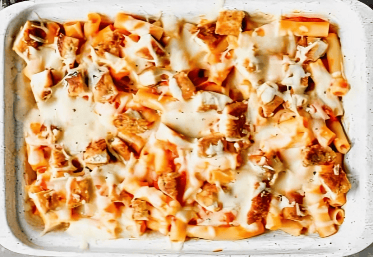 Baked chicken parmesan ziti pasta.