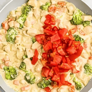 Diced tomatoes added to creamy pasta sauce and veggies.