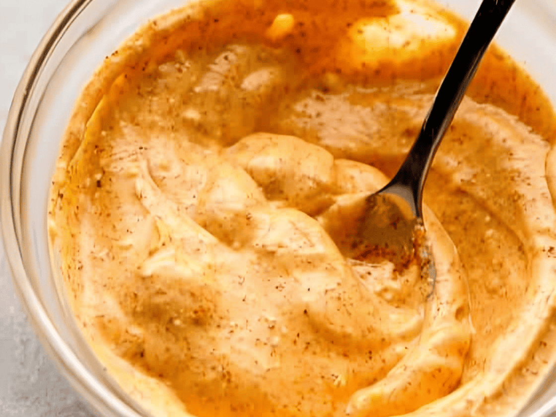 Fried chicken sandwich sauce in a bowl.