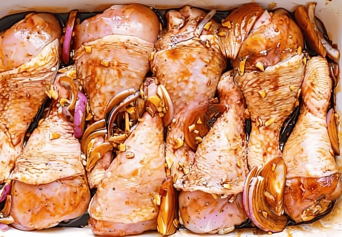 Drumsticks coated with a honey soy marinade and onions.