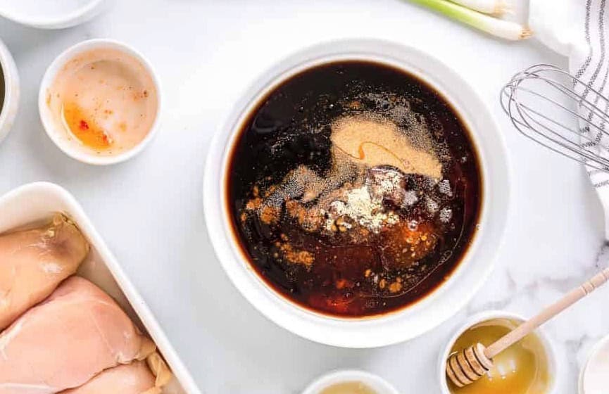 Teriyaki marinade ingredients in a bowl.