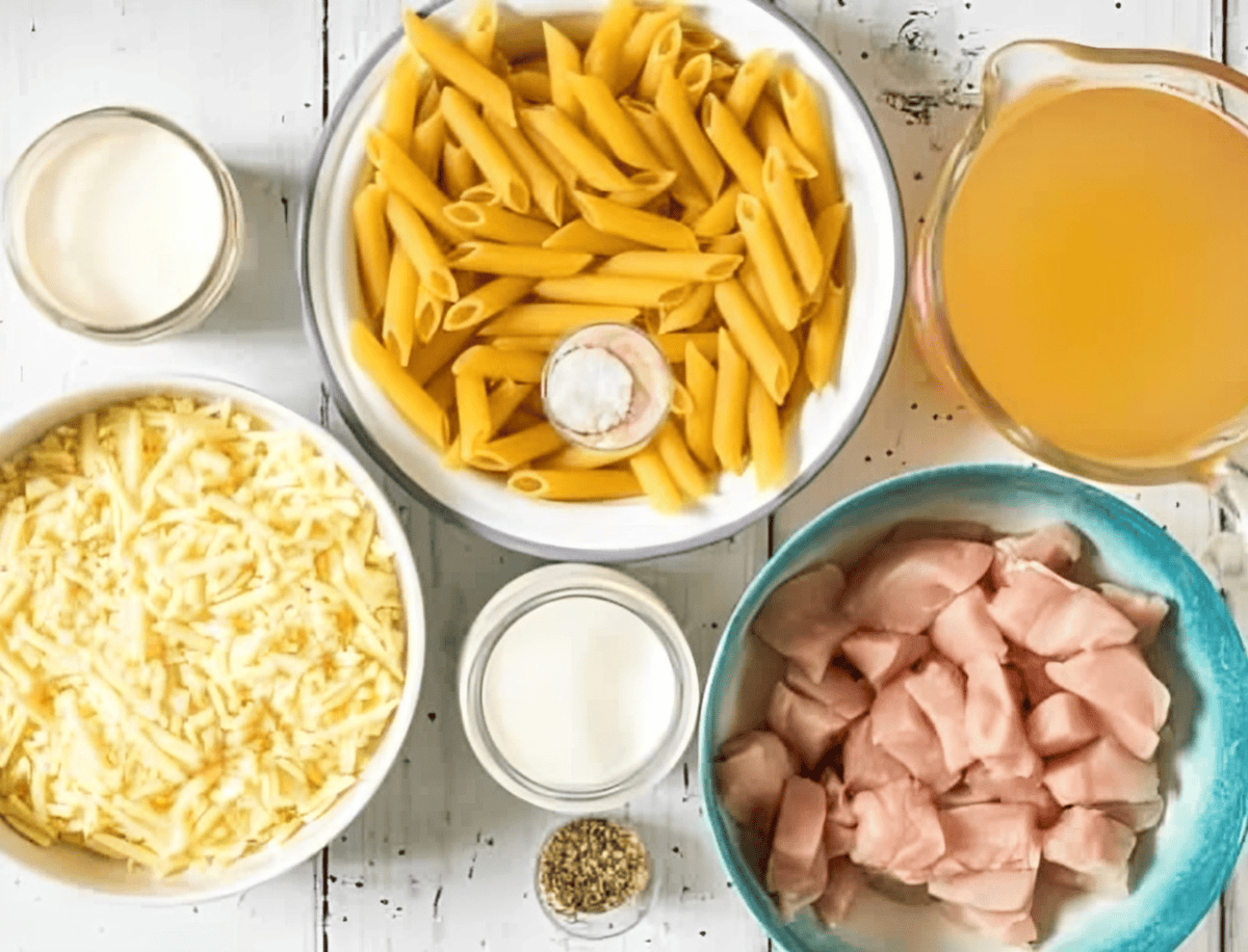 Ingredients for cheesy chicken pasta.