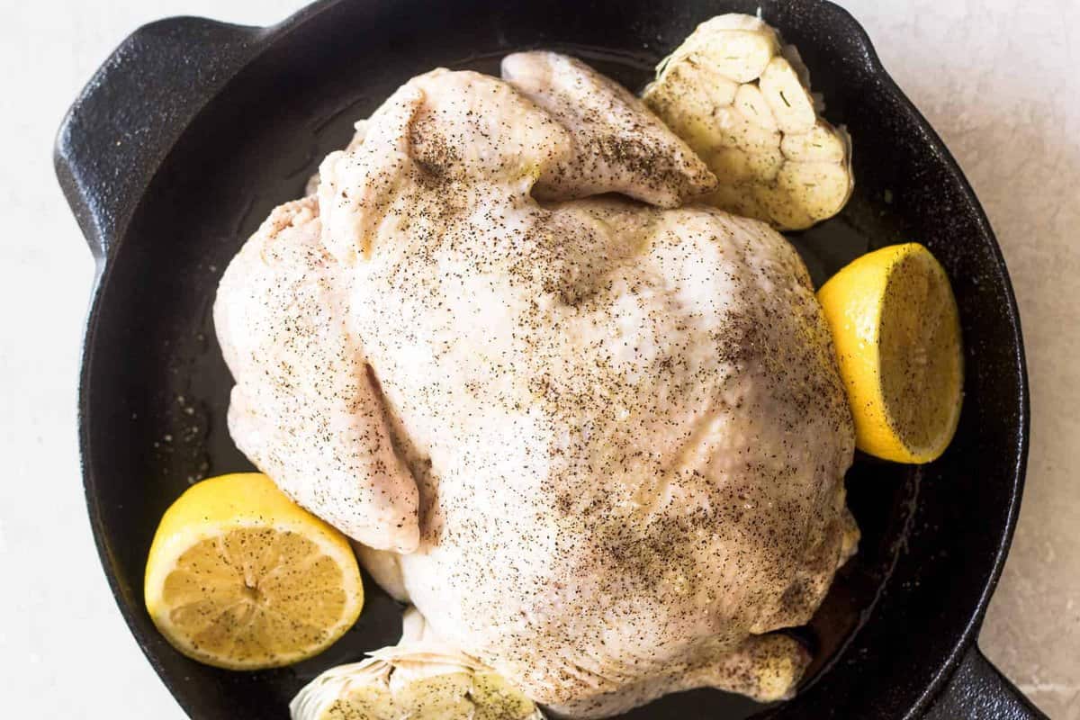 whole chicken in skillet