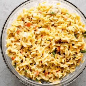 A bowl filled with chicken, egg noodles, vegetables, and cream of chicken soup.