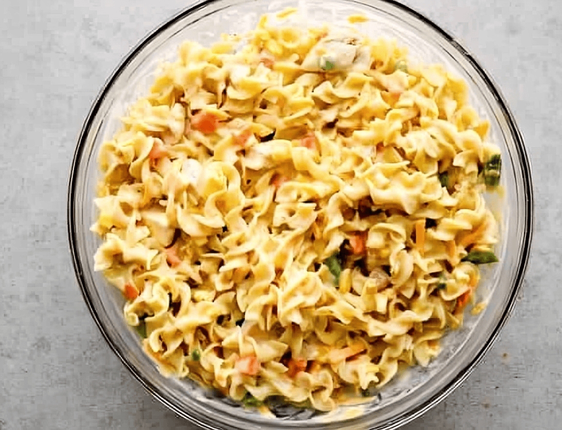 A bowl filled with chicken, egg noodles, vegetables, and cream of chicken soup.