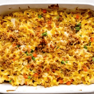 Baked chicken and noodles casserole.