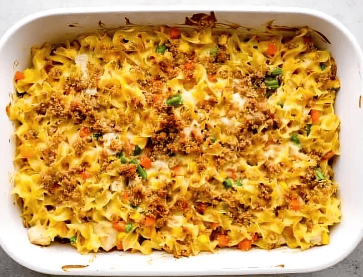 Baked chicken and noodles casserole.