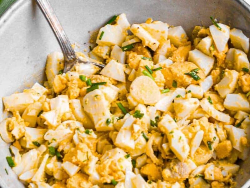 Homemade egg salad made with scrambled eggs and chives.