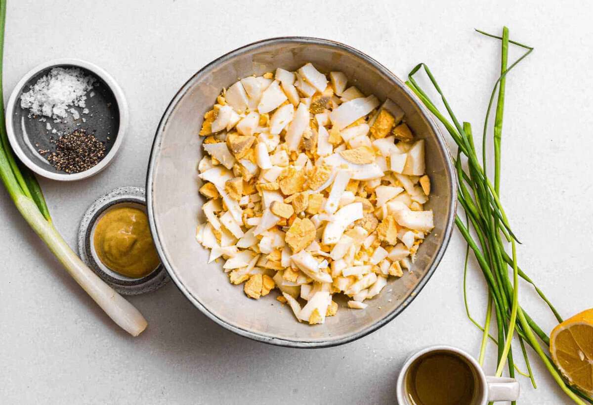 chopped boiled eggs in a bowl.